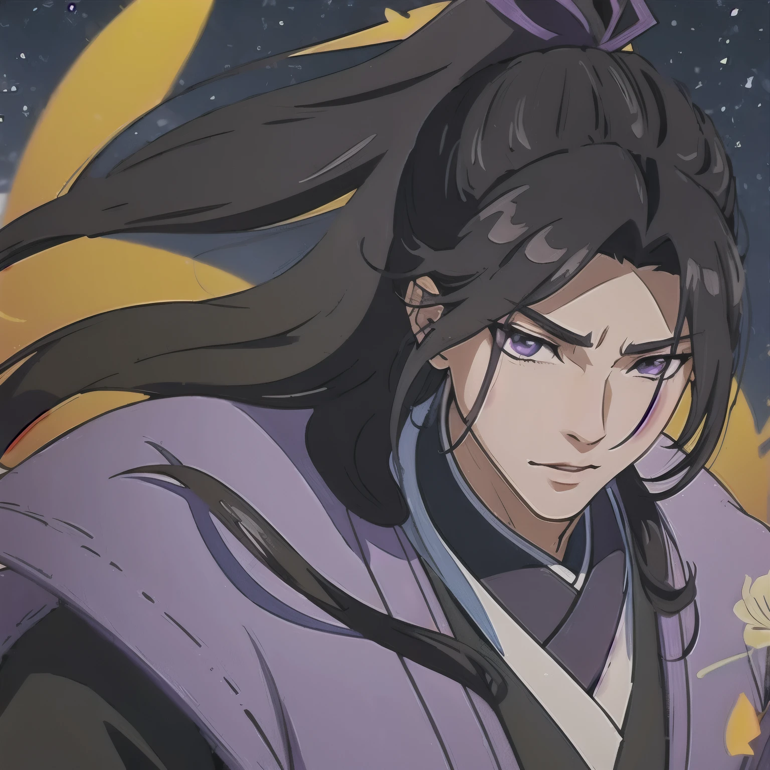 (masterpiece, best quality:1.2), 1male, solo, jiang cheng, mo dao zu shi, mdzs, purple and black clothes, purple eyes, long black hair, perfect anatomy