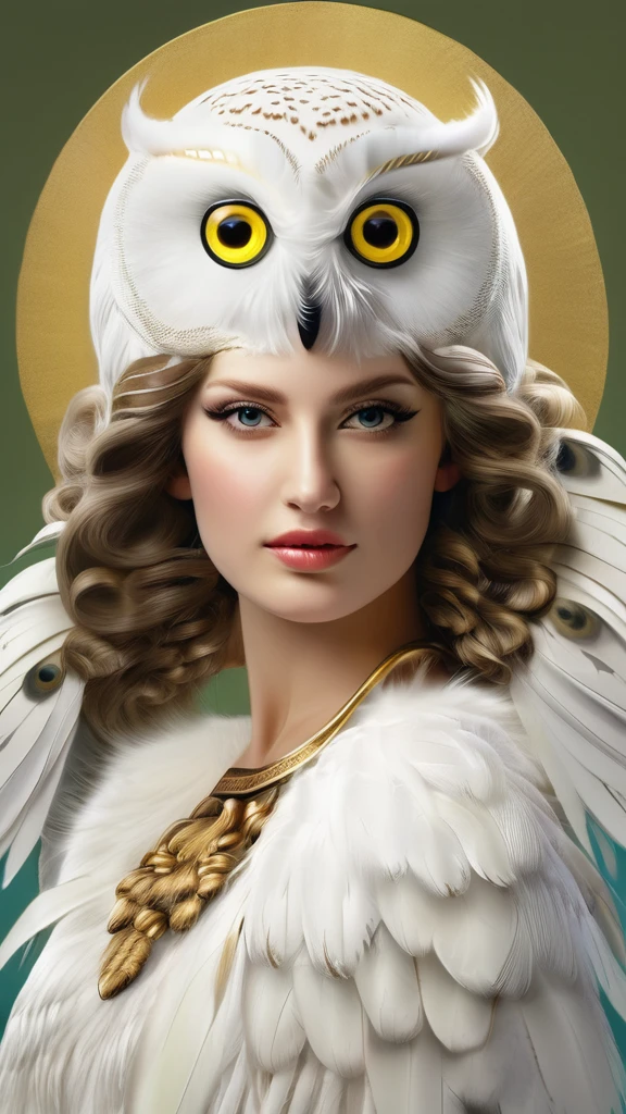 (A pure white owl is lifted), （Owls make up 70 of the frame%）， (Pure white owl: 1.37), Pure white owl, Pure white owl, (Stand on Athena's left shoulder：1.30), (Stand on the shoulder) ，(Stand on the shoulder) ， The owl's face is round, (wide blue eyes: 0.8), very large eyes, Short curved beak, Thick, Pure white，hat feather, It is a unique and beautiful creature，The wonders and wisdom of nature are on display,
 (The left half of Athena's body: 0.8), Dignified and beautiful, Shining golden light, Wearing an olive branch,,{{Masterpiece}}, {{{Best quality}}}, {{Ultra-detailed}}, {{illustration}}, {{Disheveled hair}}, {{Masterpiece}}, {{{Best quality}}}, {{Ultra-detailed}}, {{{illustration}}}, {{Disheveled hair}} Surrealist art style ,closeup cleavage，mito，Ancient Greece，,Masterpiece,Matte painting,Enigmatic Atmosphere,Depth of field (degrees of freedom),boobs shot(mcu),Close up,Dramatic lighting，