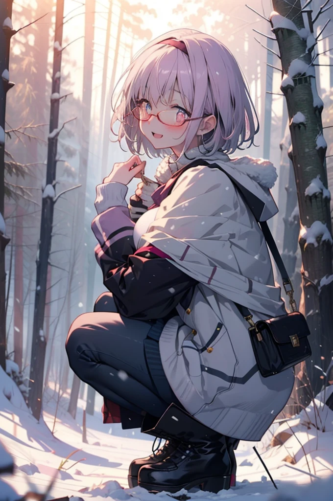 akaneshinjou, shinjou akane, Light purple hair, (Pink Eyes:1.2), short hair,Akagi Glasses,hair band,smile,blush,White Breath,Big Breasts,
Open your mouth,snow,Ground bonfire, Outdoor, boots, snowing, From the side, wood, suitcase, Cape, Blurred, having meal, forest, White handbag, nature, Squat, Mouth closed, Cape, winter, Written boundary depth, Black shoes, red Cape break looking at viewer, Upper Body, whole body, break Outdoor, forest, nature, break (masterpiece:1.2), Highest quality, High resolution, unity 8k wallpaper, (shape:0.8), (Beautiful and beautiful eyes:1.6), Highly detailed face, Perfect lighting, Highly detailed CG, (Perfect hands, Perfect Anatomy),
