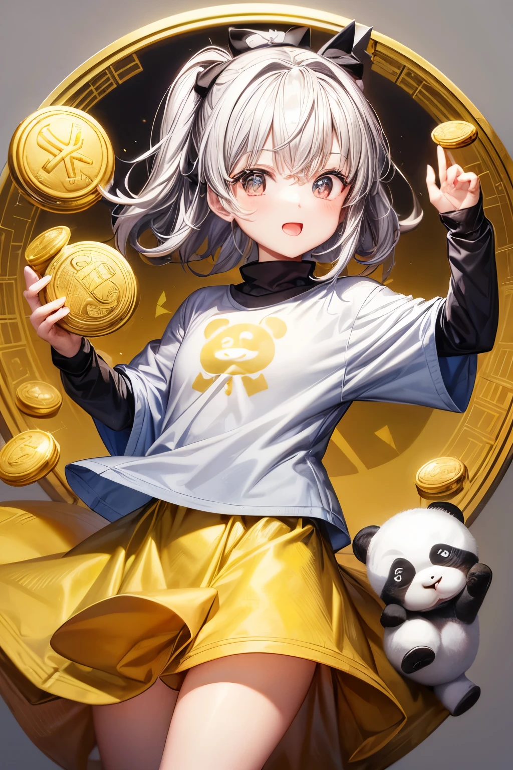 a logo with a light gray background and a price statistic going up and in front of it a cartoon baby panda surrounded by many gold coins and holding a gold coin in his hands