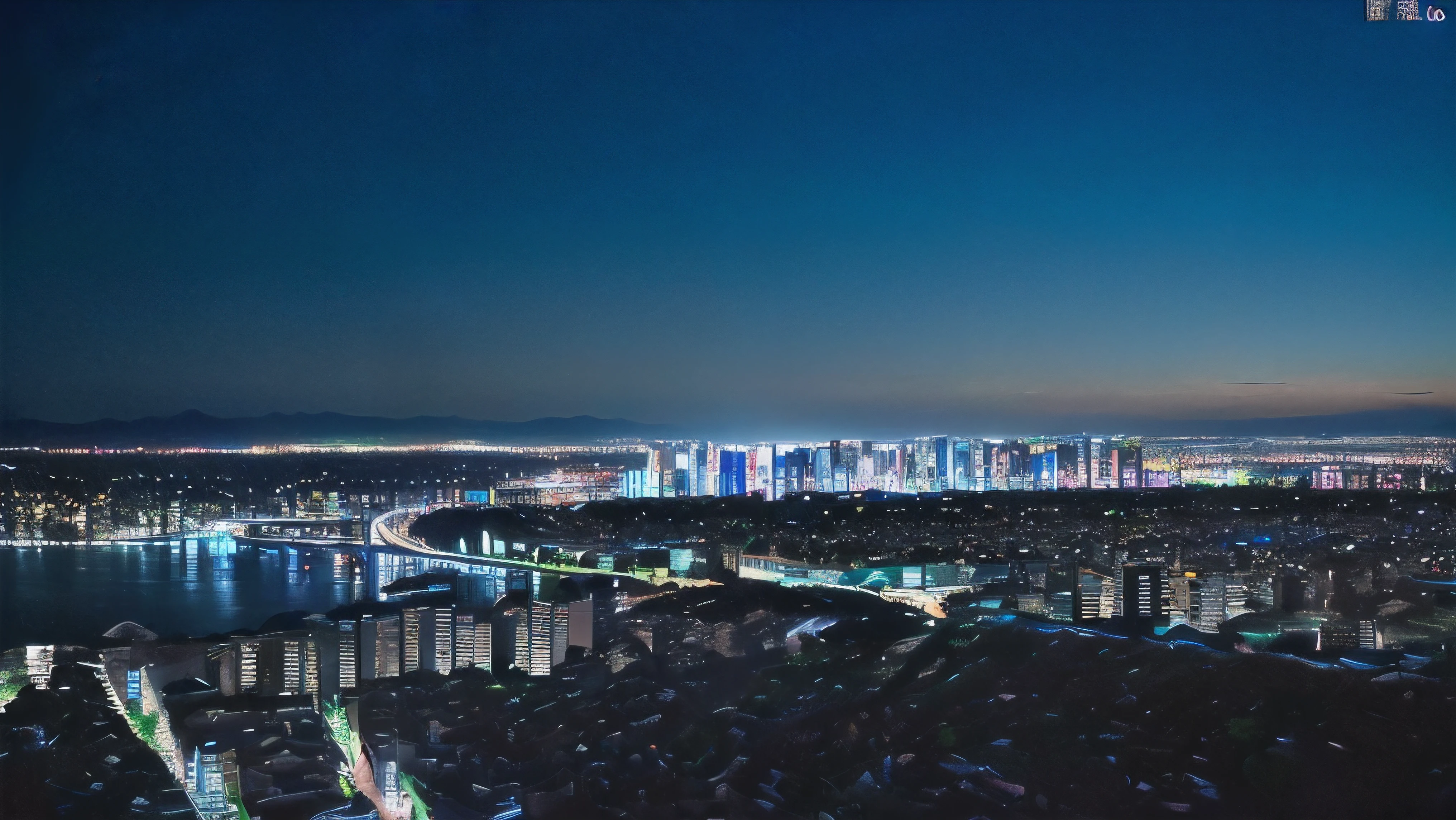 (Landscape view of blue shining Japanese big city at night:1.5)、(8k ultra detailed master piece:1.5)、(perfect anatomy:1.5)、(Photorealistic stick:1.5)、(Raw photo:1.3)、(highest quality:1.5)、(High resolution:1.3)、(Delicate and beautiful perfect face:1.3)、(Delicate and beautiful eye air skin:1.3)、(Real Human Skin:1.3)、((thin legs))