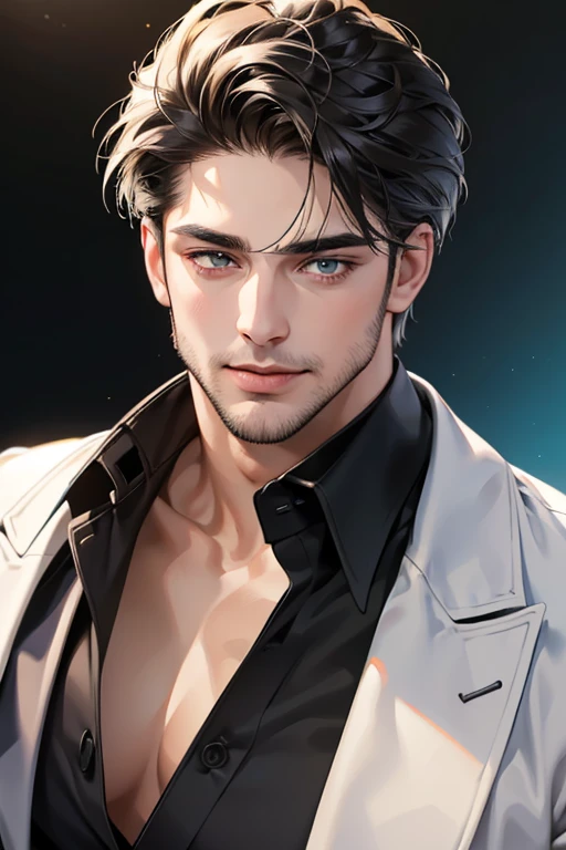 (best quality,4k,8k,highres,masterpiece:1.2),ultra-detailed,(realistic,photorealistic,photo-realistic:1.37),30 year old man,3 day beard,handsome anime,portraits,strong,masculine,dark hair,sharp jawline,mesmerizing eyes,perfectly styled hair,cool anime outfit,confident expression,vibrant colors,dynamic lighting, CEO and expression smile in love.
