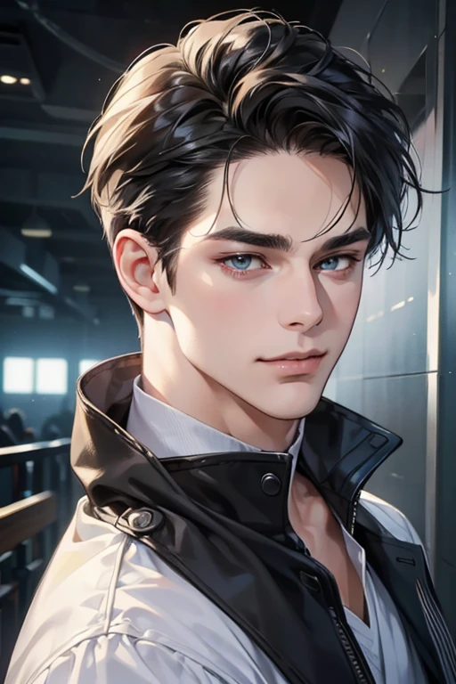 (best quality,4k,8k,highres,masterpiece:1.2),ultra-detailed,(realistic,photorealistic,photo-realistic:1.37),30 year old man,3 day beard,handsome anime,portraits,strong,masculine,dark hair,sharp jawline,mesmerizing eyes,perfectly styled hair,cool anime outfit,confident expression,vibrant colors,dynamic lighting, CEO and expression smile in love.
