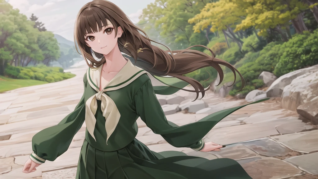 masterpiece, Highest quality, High resolution, aayoshino, Long Hair, Twin Blade, Brown eyes, Hair that falls over the shoulders, , Sailor collar, neckerchief, Green Shirt, One piece sailor shirt, Long sleeve, Green Skirt, Long skirt, Are standing, Cowboy Shot, Outdoor,