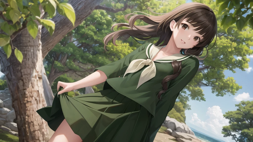 masterpiece, Highest quality, High resolution, aayoshino, Long Hair, Twin Blade, Brown eyes, Hair that falls over the shoulders, , Sailor collar, neckerchief, Green Shirt, One piece sailor shirt, Long sleeve, Green Skirt, Long skirt, Are standing, Cowboy Shot, Outdoor,