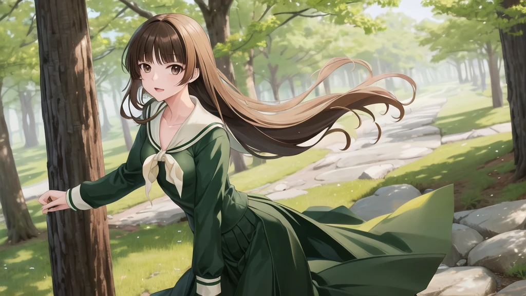 masterpiece, Highest quality, High resolution, aayoshino, Long Hair, Twin Blade, Brown eyes, Hair that falls over the shoulders, , Sailor collar, neckerchief, Green Shirt, One piece sailor shirt, Long sleeve, Green Skirt, Long skirt, Are standing, Cowboy Shot, Outdoor,
