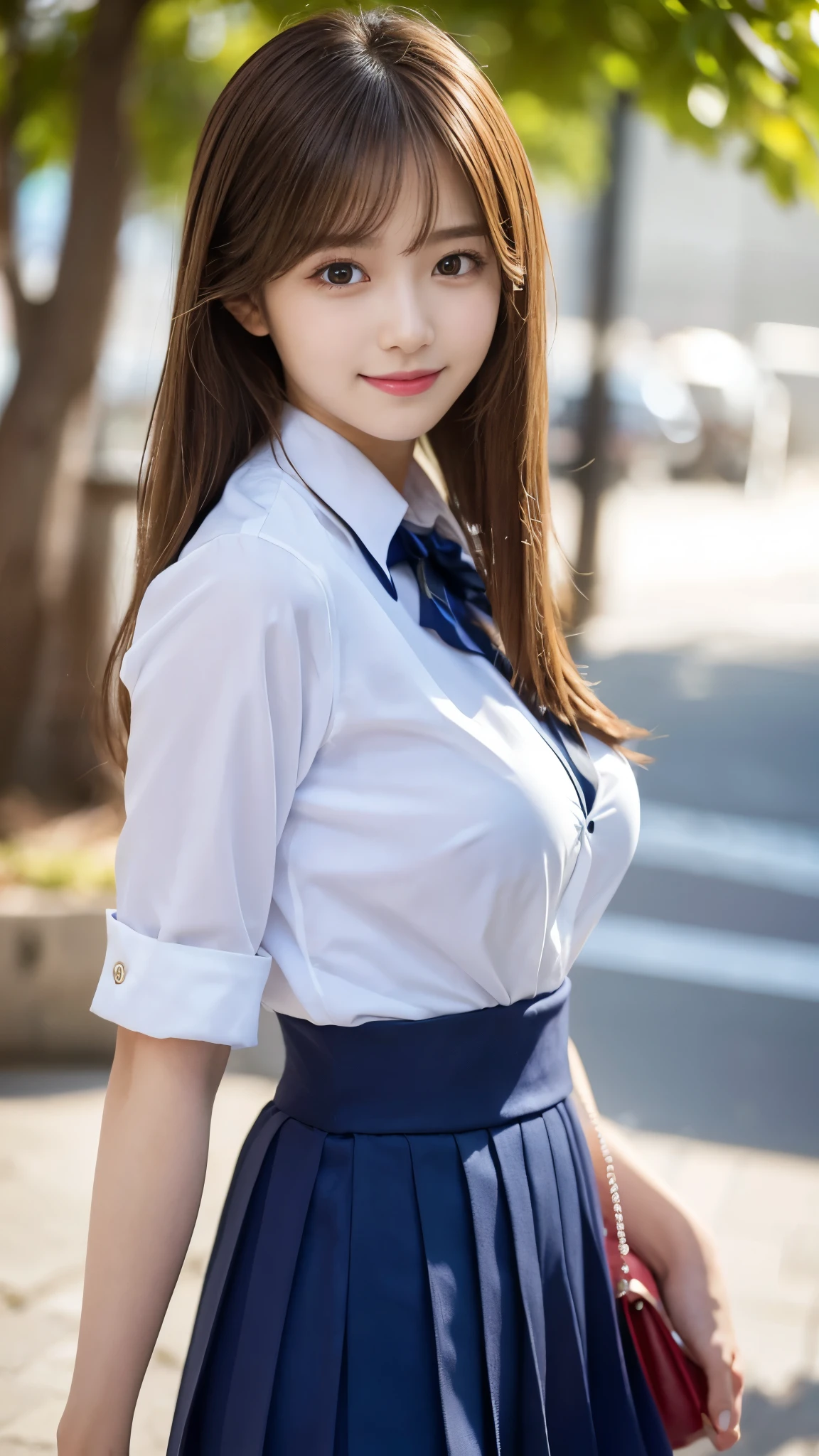 (Detailed skin:1.2),(Shiny skin:1.1),8K,Highest quality, masterpiece, Ultra-high resolution,(Realistic:1.4), RAW Photos,(Soft saturation:1.3),(Fair skin:1.2),Japanese Idols,repair,20 years, Light brown hair, （Shore Surf:1.2)、（Long Hairstyles:1.2), Asymmetrical Hair, Asymmetrical bangs (Pretty face:1.4), (Large Breasts, Tight waist), Beautiful lighting, Small Head, (Student Uniform:1.2,),Highly detailed face, Highly detailed lips, fine grain, double eyelid,（Full Body Shot）, Browsing Caution, （Sharp focus: 1.2）, （Perfect Anatomy、Beautiful woman with perfect figure: 1.2）、Random sexy poses，Accentuate your leg lines、Smiling