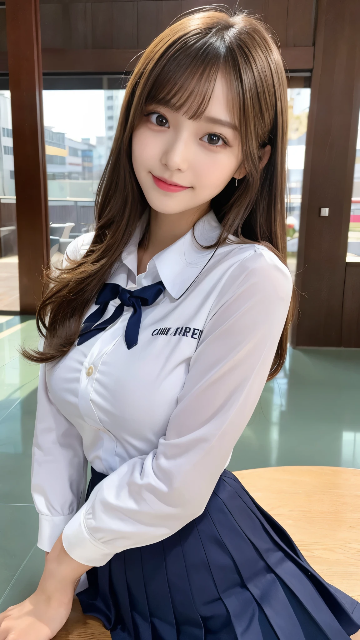 (Detailed skin:1.2),(Shiny skin:1.1),8K,Highest quality, masterpiece, Ultra-high resolution,(Realistic:1.4), RAW Photos,(Soft saturation:1.3),(Fair skin:1.2),Japanese Idols,repair,20 years, Light brown hair, (Shore Surf:1.2)、(Long Hairstyles:1.2), Asymmetrical Hair, Asymmetrical bangs (Pretty face:1.4), (Large Breasts, Tight waist), Beautiful lighting, Small Head, (Student Uniform:1.2,),Highly detailed face, Highly detailed lips, fine grain, double eyelid,(Full Body Shot), Browsing Caution, (Sharp focus: 1.2), (Perfect Anatomy、Beautiful woman with perfect figure: 1.2)、Random sexy poses,Accentuate your leg lines、Smiling