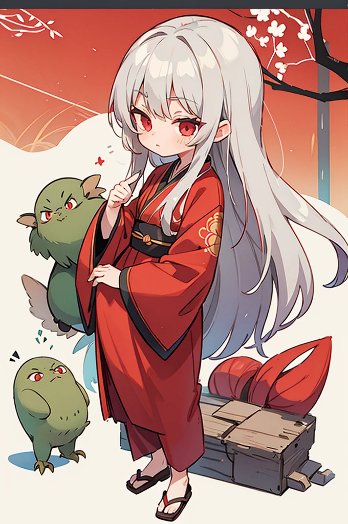 gray hair, red eyes, long hair,  , Balaur , Oriental style clothes