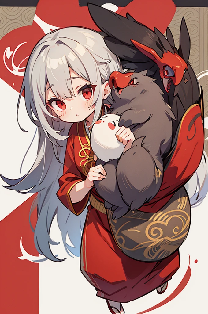 gray hair, red eyes, long hair, , Balaur , Oriental style clothes
