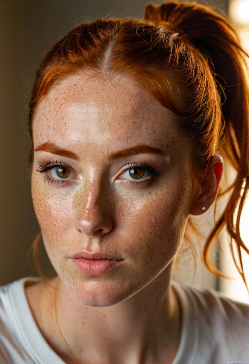 photo,8k,sharp focus,beautiful woman,close up,t-shirt,(detailed eyes:0.8), (looking at the camera:1.4), (highest
quality), (best eyeshadow), brown eyes,rim lighting,two tone lighting, dimly lit,low key,intricate
details,interior,ponytails,ginger hair:1.3,open mouth:0.7,freckles, photo, (realistic:1.3), 8k,
