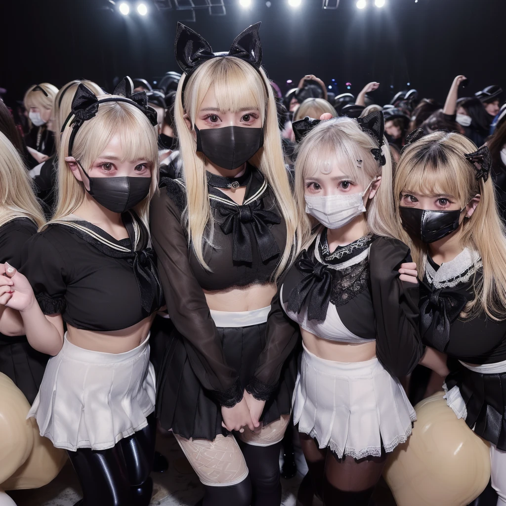 8K resolution, surreal, Super detailed, high quality, perfect anatomy, perfect proportion,
((((((A group photo of home party at midnight, women only, most crowded indoor festival at night club, 7 girls, group photo)))))),
(((((black clothes, jirai fashion, sailor collar, sailor uniform with many frills, Lace, pleated skirt, micro mini skirt, bow ribbon))))),
((grin, smile, happy)), ((((wearing black face mask)))),
((((bleached hair))))+, (((super large breasts))), posing,
(((shiny detailed oiled porcelain skin))),
(((black see-through tights))), looking at viewer, full body