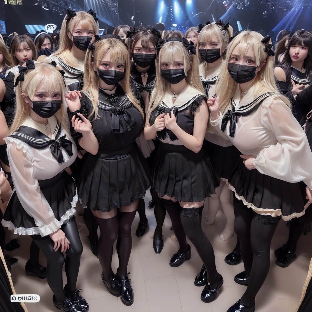 8K resolution, surreal, Super detailed, high quality, perfect anatomy, perfect proportion, 
((((((A group photo of home party at midnight, women only, most crowded indoor festival at night club, 7 girls, group photo)))))), 
(((((black clothes, jirai fashion, sailor collar, sailor uniform with many frills, Lace, pleated skirt, micro mini skirt, bow ribbon))))), 
((grin, smile, happy)), ((((wearing black face mask)))), 
((((bleached hair))))+, (((super large breasts))), posing, 
(((shiny detailed oiled porcelain skin))), 
(((black see-through tights))), looking at viewer, full body