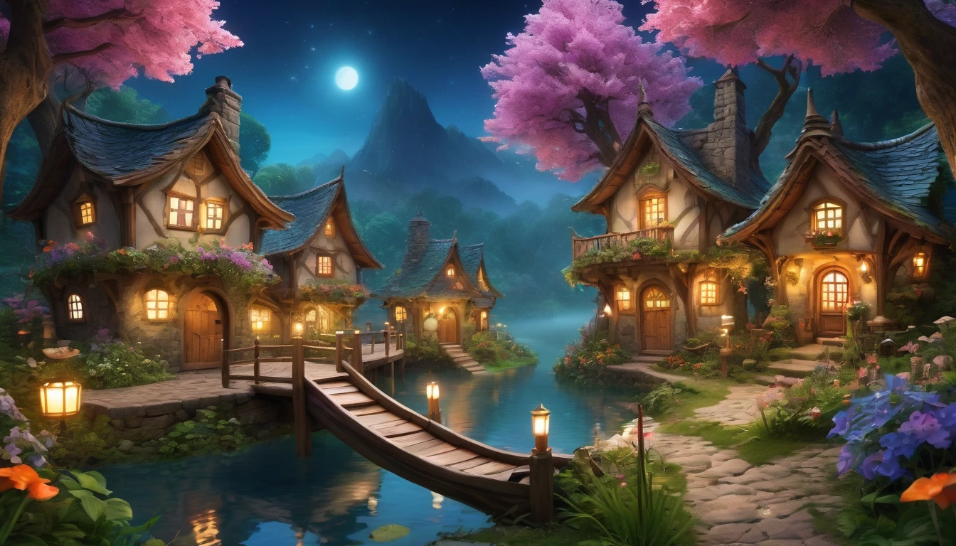 (best quality, 4k, 8k, highres, masterpiece:1.2), ultra-detailed, (realistic, photorealistic, photo-realistic:1.37), a charming fairy village at night, nestled deep within an enchanted forest, magical creatures, glowing mushrooms, whimsical treehouses, lush greenery, dainty flowers, serene atmosphere, soft moonlight, fairy dust, ethereal beings, peaceful lakeside, cobblestone pathways, celestial stars, stunning architecture, magical bridges, mystical fog, harmonious colors, surreal ambiance, enchanted music, fairytale-like cottages, hidden nooks and crannies, whispering winds, secretive entrances, hidden treasures, magical doorways, lively marketplace, elaborate costumes, vibrant market stalls, dreamy reflections in the water, fairy wings, index: above-average, dream-like, imagination, stardust magic, tranquil haven. The forest is filled with ancient, towering trees whose branches create a natural canopy, filtering the moonlight to create a mesmerizing play of light and shadow. Twinkling fireflies add to the magical atmosphere, while a gentle stream winds through the village, its banks adorned with colorful, luminous plants. The air is filled with the scent of wildflowers and the soft, melodic sounds of nature, enhancing the dreamlike quality of this mystical place.