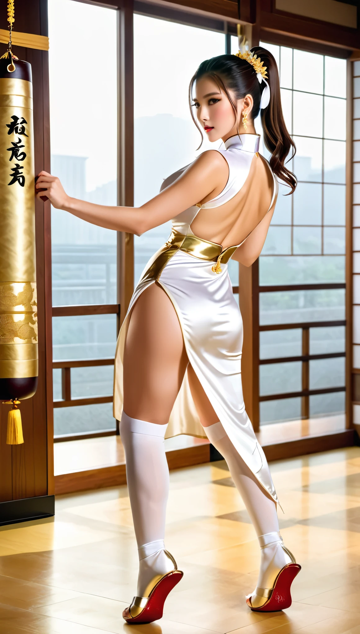 a realistic image of woman, large breasts, with long, dark hair tied back, wearing a white, high-collar, sleeveless cheongsam-style dress with deep plunging neckline and slit all the way up the side of the thigh both sides and gold accents. She is standing in a dojo doing a high side kick. The dojo has soft lighting and a background featuring an arena area of Japanese design. The woman is wearing white thigh-high stockings and has a composed and elegant expression. Her accessories include dangling gold earrings. Hyper realistic photo, vibrant colors, 16k