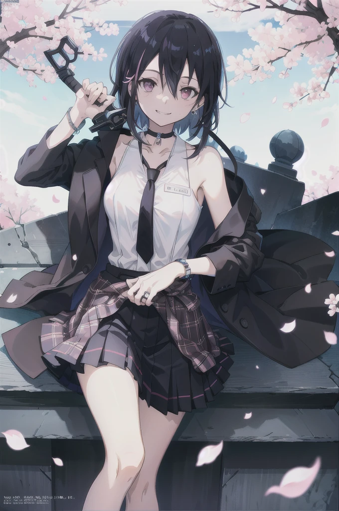 masterpiece, best quality,  full body,
1girl, bangs, black choker, black necktie, black hair, blue skirt, blush, bracelet, breasts, choker, clothes around waist, collarbone, collared shirt, cowboy shot, dress shirt, ear piercing, eyebrows visible through hair, gradient hair, grin, gyaru, jewelry, kogal, long hair, looking at viewer, loose necktie, necktie, piercing, plaid, plaid skirt, pleated skirt, red eyes, ring, school uniform, shirt, skirt, smile, solo, white shirt,
street, sky, cherry blossoms, petals,illustration, (magazine:1.3), (cover-style:1.3), fashionable, woman, vibrant, outfit, posing, front, colorful, dynamic, background,  elements, confident, expression, holding, statement, accessory, majestic, coiled, around, Touch, scene, Text, cover, bold, attention-grabbing, title, stylish, Font, catchy, headline, larger, striking, modern, trendy, focus, fashion,Female Kirito