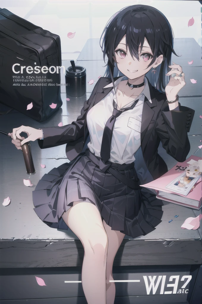 masterpiece, best quality,  full body,
1girl, bangs, black choker, black necktie, black hair, blue skirt, blush, bracelet, breasts, choker, clothes around waist, collarbone, collared shirt, cowboy shot, dress shirt, ear piercing, eyebrows visible through hair, gradient hair, grin, gyaru, jewelry, kogal, long hair, looking at viewer, loose necktie, necktie, piercing, plaid, plaid skirt, pleated skirt, red eyes, ring, school uniform, shirt, skirt, smile, solo, white shirt,
street, sky, cherry blossoms, petals,illustration, (magazine:1.3), (cover-style:1.3), fashionable, woman, vibrant, outfit, posing, front, colorful, dynamic, background,  elements, confident, expression, holding, statement, accessory, majestic, coiled, around, Touch, scene, Text, cover, bold, attention-grabbing, title, stylish, Font, catchy, headline, larger, striking, modern, trendy, focus, fashion,Female Kirito