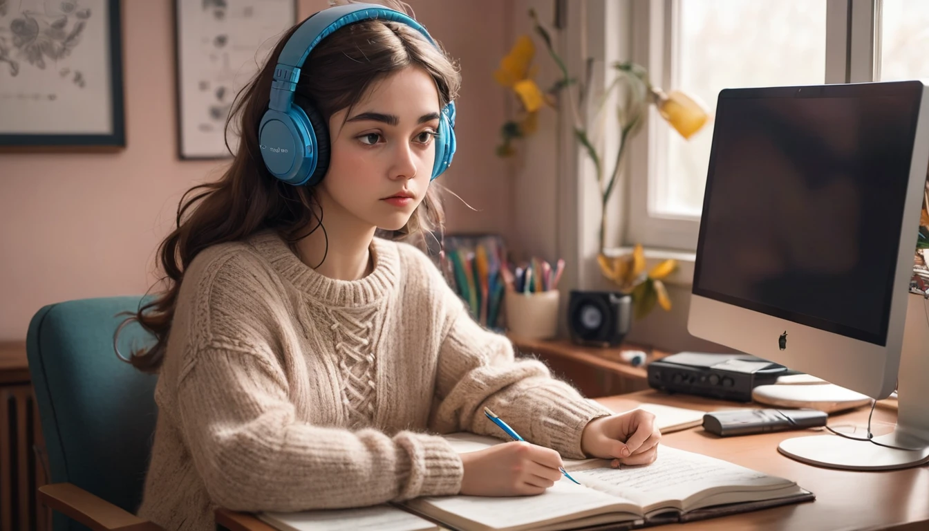 The Lofi girl in the picture is sitting at the desk, concentrating on reviewing her lessons. She is wearing a loose knitted sweater and a pair of large headphones, the wires of which are wrapped around the desktop, showing that she is immersed in soft music. The girl's expression is focused, her eyes are firm, and she is holding a pen in her hand, taking