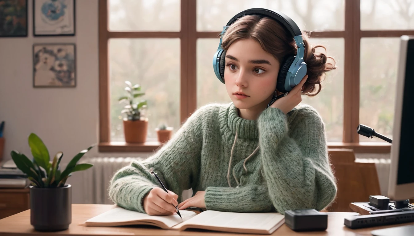 The Lofi girl in the picture is sitting at the desk, concentrating on reviewing her lessons. She is wearing a loose knitted sweater and a pair of large headphones, the wires of which are wrapped around the desktop, showing that she is immersed in soft music. The girl's expression is focused, her eyes are firm, and she is holding a pen in her hand, taking