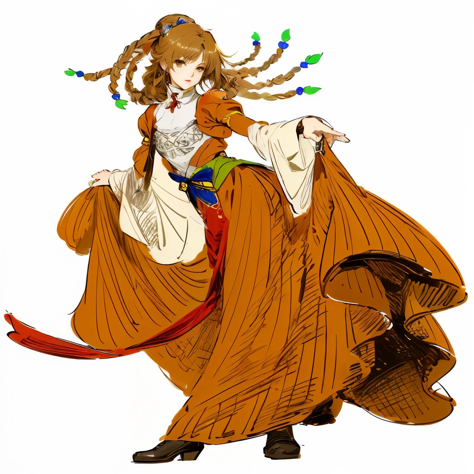 A painting of a woman wearing a long dress with a red ribbon, Final Fantasy Tactics Characters, Long flowing hair and robes, haibane renmei, Anime Goddess, Yoshitaka Amano Carol Buck, Desire Personality, From, Female earth magician, Bohemian Chic | | very anime!!!, guilty gear art style, female anime character