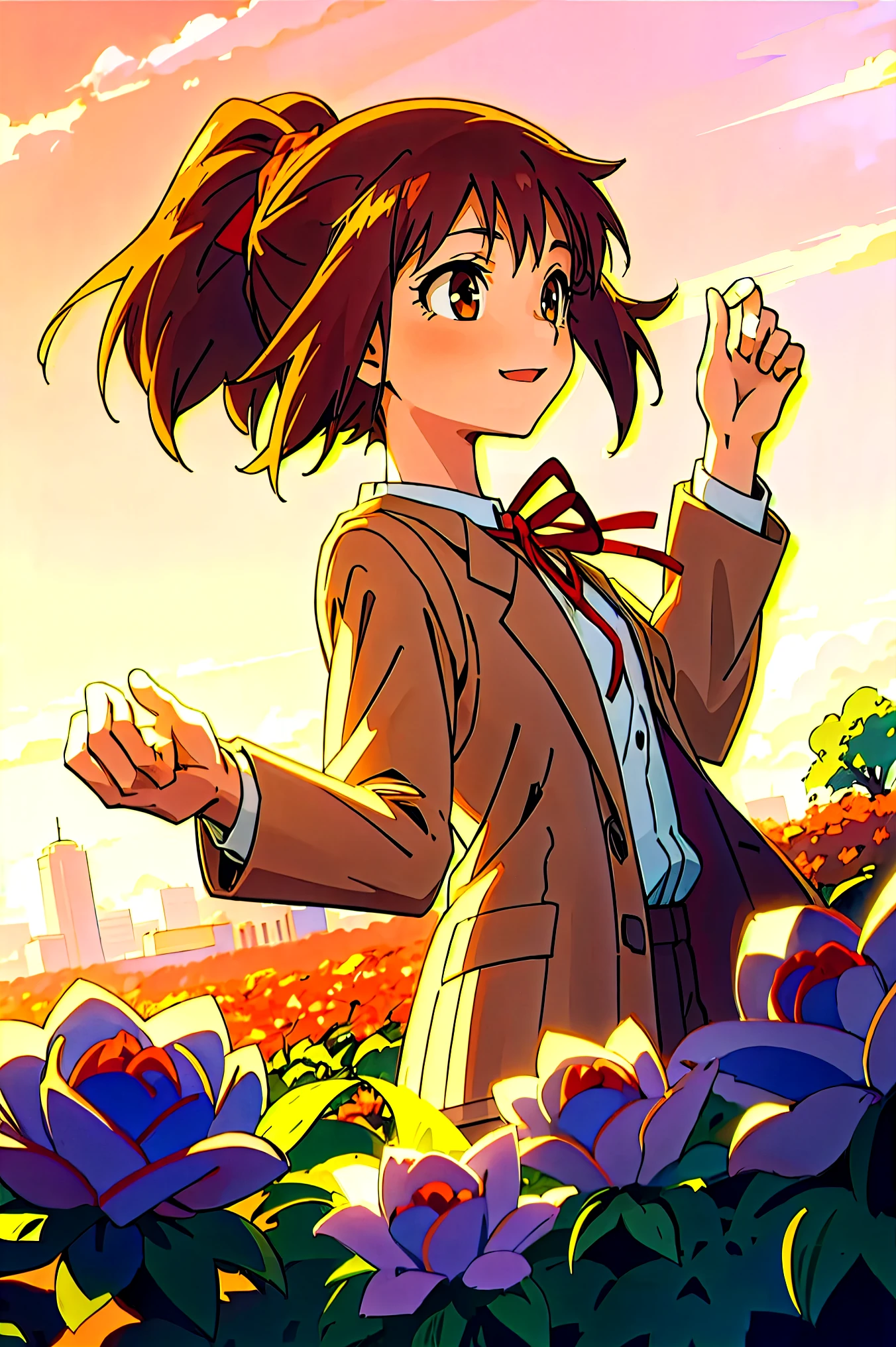 (masterpiece, best quality:1.2), samidare asahina, 1girl, brown eyes, brown hair, jacket, long sleeves, neck ribbon, ocean, red sky, dawn, ponytail, red ribbon, ribbon, rose garden, shirt, short hair, solo, white shirt, (anime, high details, super detail:1.55)