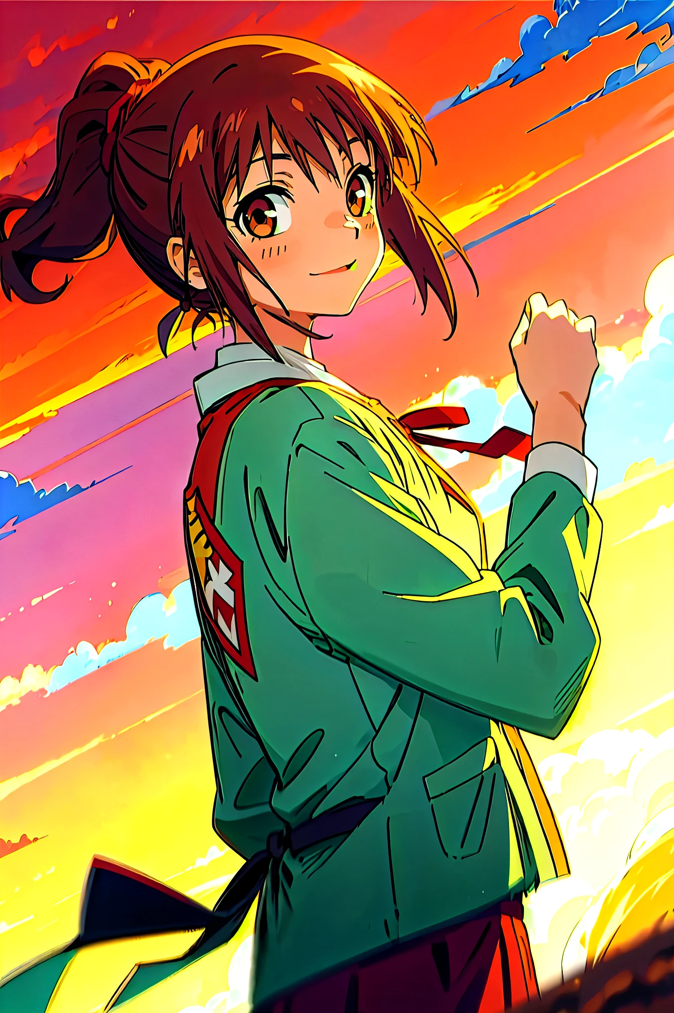 (masterpiece, best quality:1.2), samidare asahina, 1girl, brown eyes, brown hair, jacket, long sleeves, neck ribbon, ocean, red sky, dawn, ponytail, red ribbon, ribbon, , shirt, short hair, solo, sunset, white shirt, (anime, high details, super detail:1.55)