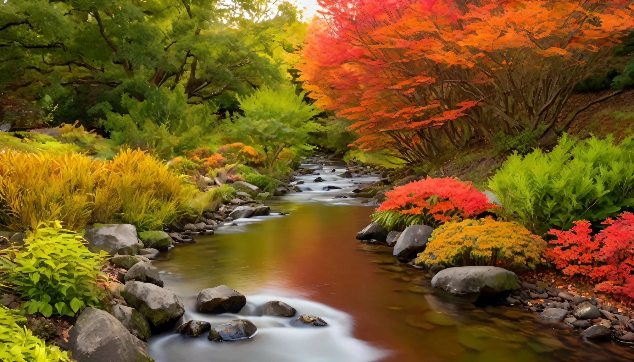 Vibrant red and orange foliage dominates the foreground and edges of the stream, creating a stark contrast against the muted greens and browns of the surrounding landscape. The low-lying bushes and shrubs seem to glow with warm autumnal light.