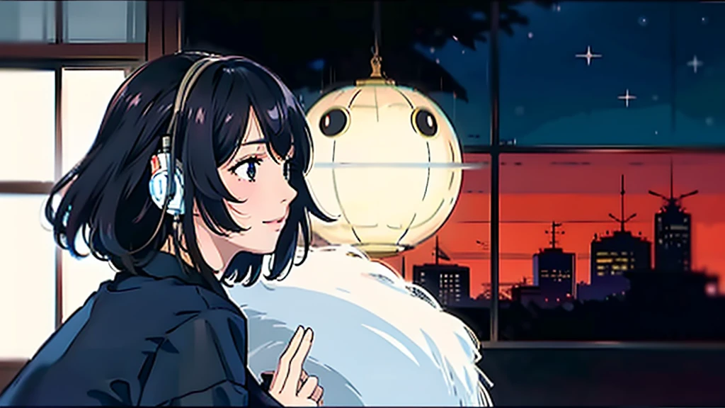 Laughter　Dress shirt　Create a scene of a 25-year-old woman looking out the window, Listening to music on headphones, In a quiet and relaxing environment, Short black hair, View from behind, Gazing at the horizon, At night, and through the window you can see fireflies and a beautiful landscape full of stars At night, Characters with lots of detail on their faces, hands and hair,Illustration Style、Showa anime、ukiyo-e、((girl))、Tokyo、Soft Touch、((Modern))、winter、High resolution, samba, latina,Rainy night,Tokyo