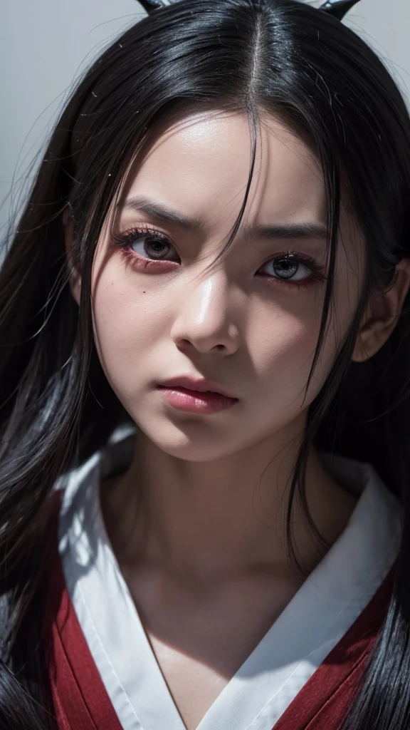 Here is a prompt in English for a live-action version of Nezuko from Demon Slayer with her face veins exposed:

---

A close-up shot of Nezuko from Demon Slayer in her demon form, with her face veins prominently visible. The scene is intense and dramatic, capturing the raw power and inner conflict within her. Her eyes are glowing with a fierce, demonic light, and her expression is a mix of anger and determination. The lighting should be dark and moody, emphasizing the veins and the tension in her face. Her hair is disheveled, adding to the chaotic and powerful atmosphere of the scene.

---

Feel free to adjust the details to better fit your vision! Here's the updated prompt with the additional details:

---

A close-up shot of Nezuko from Demon Slayer in her demon form, with her face veins prominently visible. She has a bamboo muzzle in her mouth and is wearing her traditional kimono. The scene is intense and dramatic, capturing the raw power and inner conflict within her. Her eyes are glowing with a fierce, demonic light, and her expression is a mix of anger and determination. The lighting should be dark and moody, emphasizing the veins and the tension in her face. Her hair is disheveled, adding to the chaotic and powerful atmosphere of the scene.

---