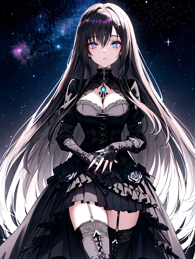 An anime girl with long, flowing dark hair, styled with subtle curls, stands confidently under a dark, starry night sky. Her piercing eyes, highlighted with dramatic makeup, reflect the distant galaxies. She is dressed in elaborate gothic attire: a black lace corset with silver accents, a layered skirt with intricate patterns, and thigh-high boots. Her outfit is adorned with delicate chains, gothic jewelry, and lace gloves that add to her mysterious aura. In her gloved hands, she gently holds a glowing Zorb—an iridescent orb with the "Zora" logo subtly visible inside. The Zorb emanates a soft, ethereal light that casts an otherworldly glow on her face and surroundings. Behind her, the sky is filled with twinkling stars and distant nebulae, creating a mystical and enchanting backdrop.