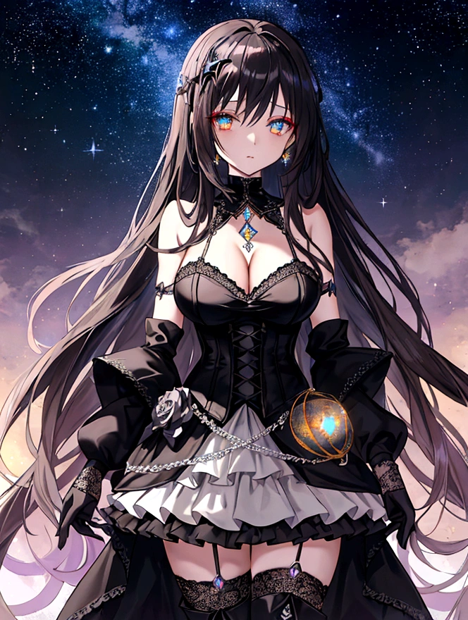 An anime girl with long, flowing dark hair, styled with subtle curls, stands confidently under a dark, starry night sky. Her piercing eyes, highlighted with dramatic makeup, reflect the distant galaxies. She is dressed in elaborate gothic attire: a black lace corset with silver accents, a layered skirt with intricate patterns, and thigh-high boots. Her outfit is adorned with delicate chains, gothic jewelry, and lace gloves that add to her mysterious aura. In her gloved hands, she gently holds a glowing Zorb—an iridescent orb with the "Zora" logo subtly visible inside. The Zorb emanates a soft, ethereal light that casts an otherworldly glow on her face and surroundings. Behind her, the sky is filled with twinkling stars and distant nebulae, creating a mystical and enchanting backdrop.