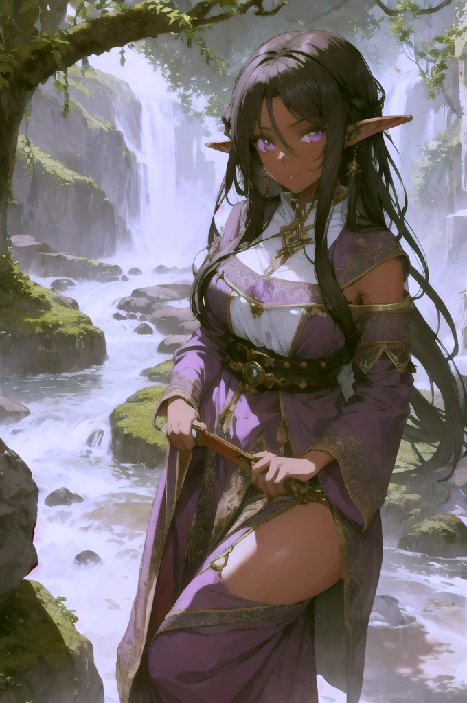 young woman, elf, druid, black hair, purple eyes, dark skin, cute