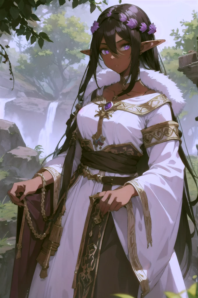 young woman, elf, druid, black hair, purple eyes, dark skin, cute