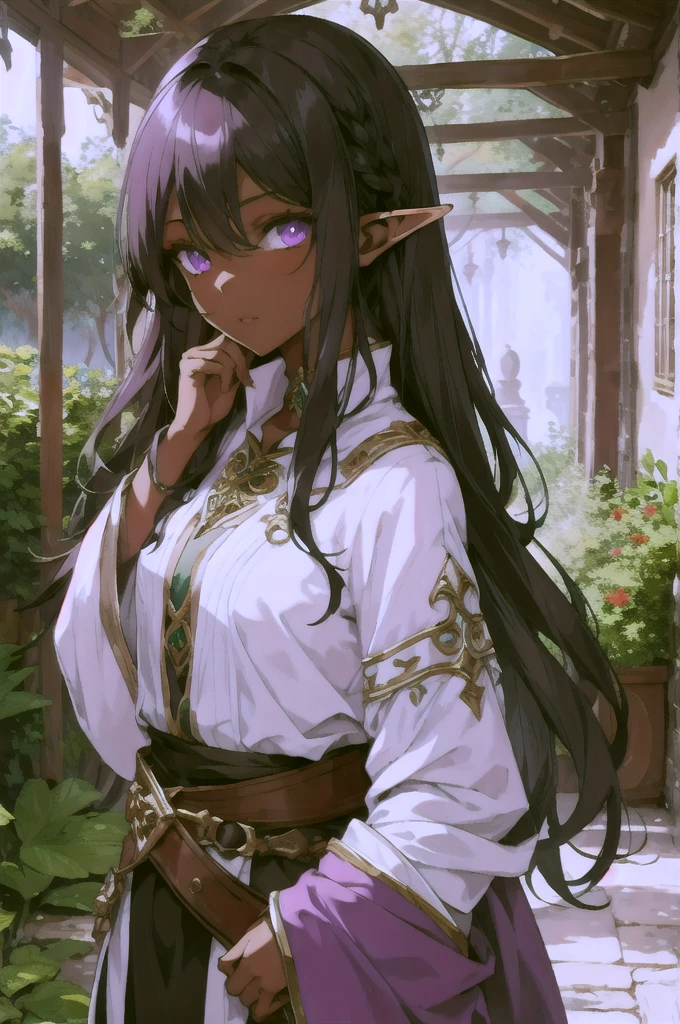 young woman, elf, druid, black hair, purple eyes, dark skin, cute