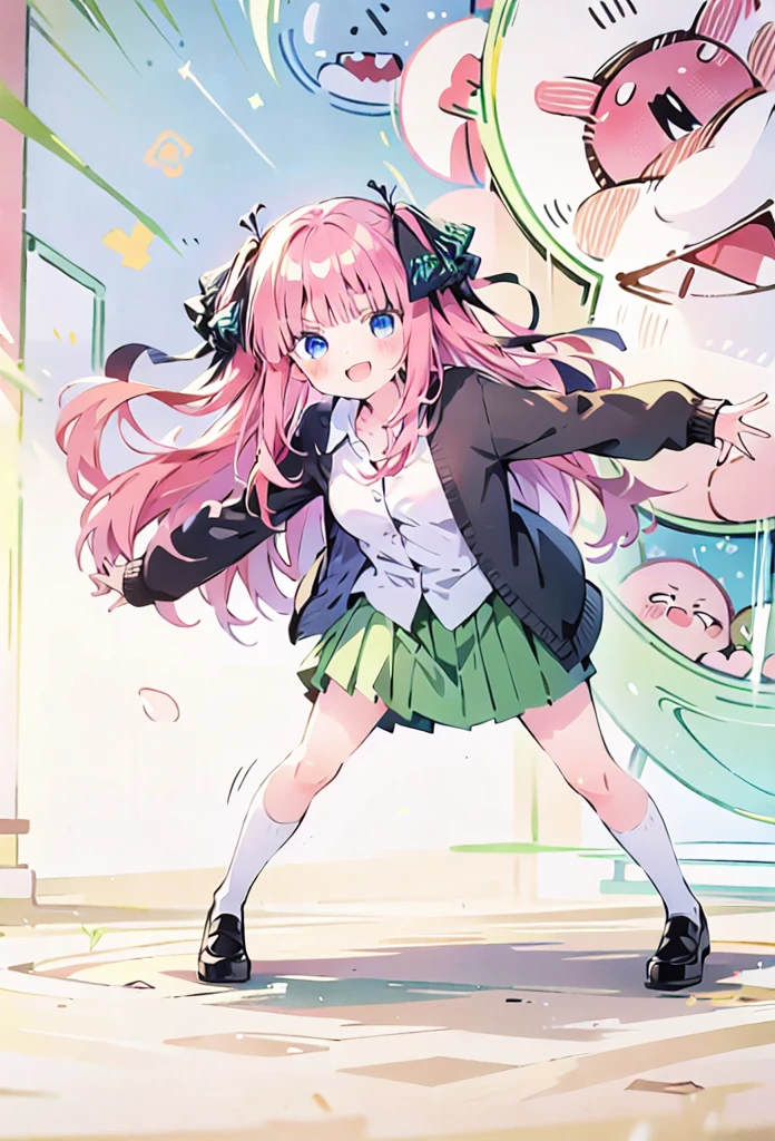 Nino Nakano, long pink silky hair, hair ribbons, collared white shirt, green pleated skirt, , black cardigan, dynamic pose, interesting pose, soft expressive face, full body,, cute face, sweet face, funny, smile, looking at viewer, 4k, perfect quality, lovely, iridescent