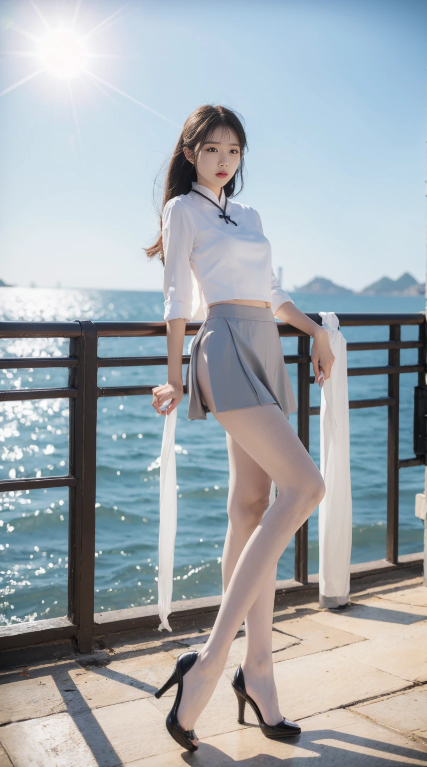 (absurdres:1.2),(slender:1.2),(full_shot:1.3),1girl,(white pantyhose:1.1),chinese_style, mini skirt,seaside,sunshine,stiletto_heels,tall,standing,
