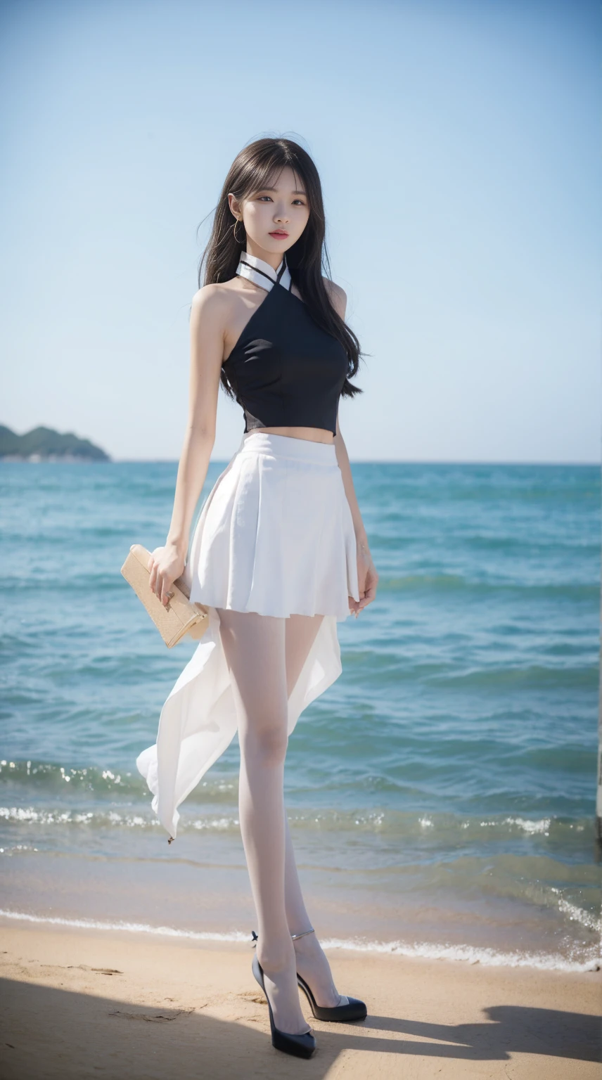(absurdres:1.2),(slender:1.2),(full_shot:1.3),1girl,(white pantyhose:1.1),chinese_style, mini skirt,seaside,sunshine,stiletto_heels,tall,standing,
