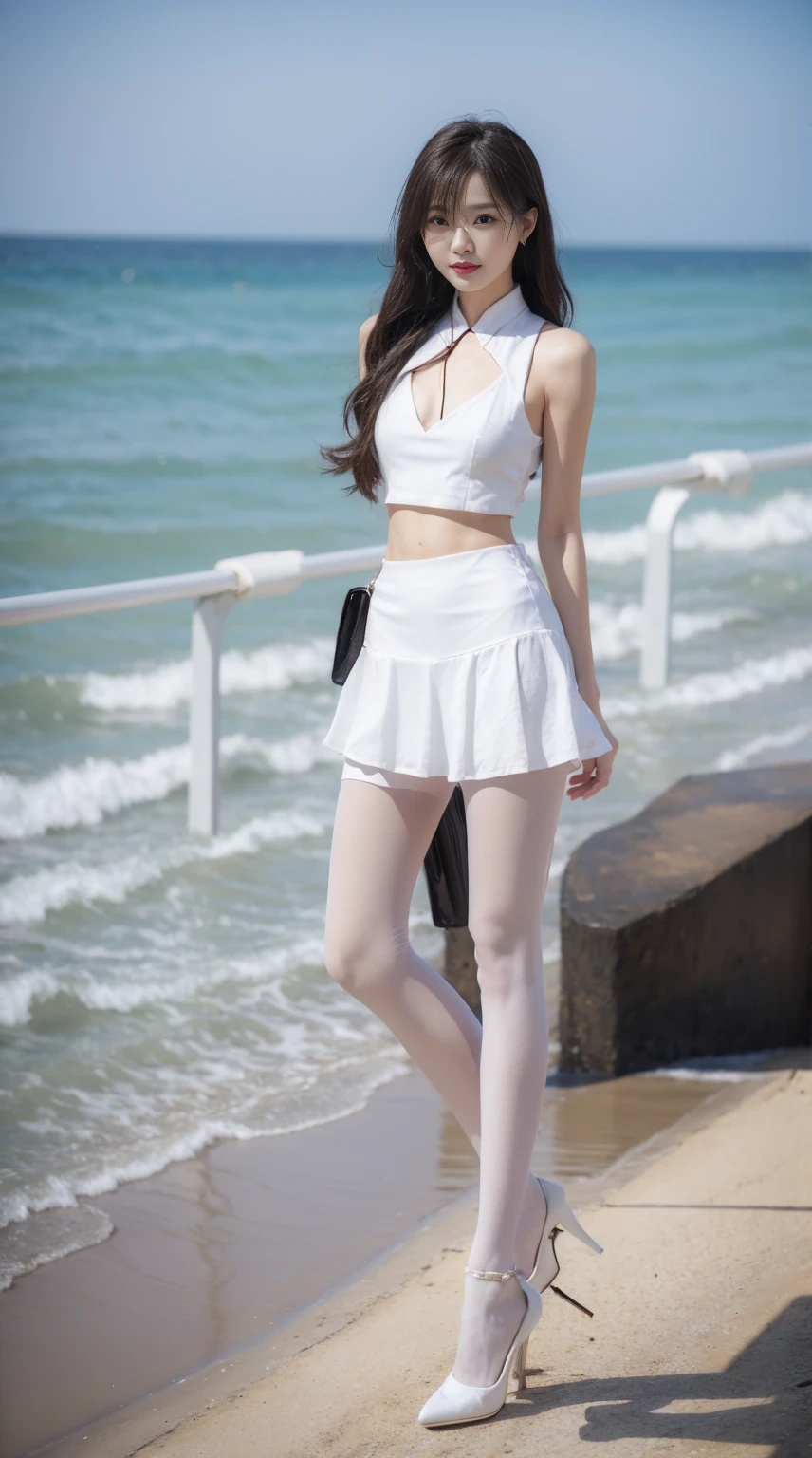 (absurdres:1.2),(slender:1.2),(full_shot:1.3),1girl,(white pantyhose:1.1),chinese_style, mini skirt,seaside,sunshine,stiletto_heels,tall,standing,