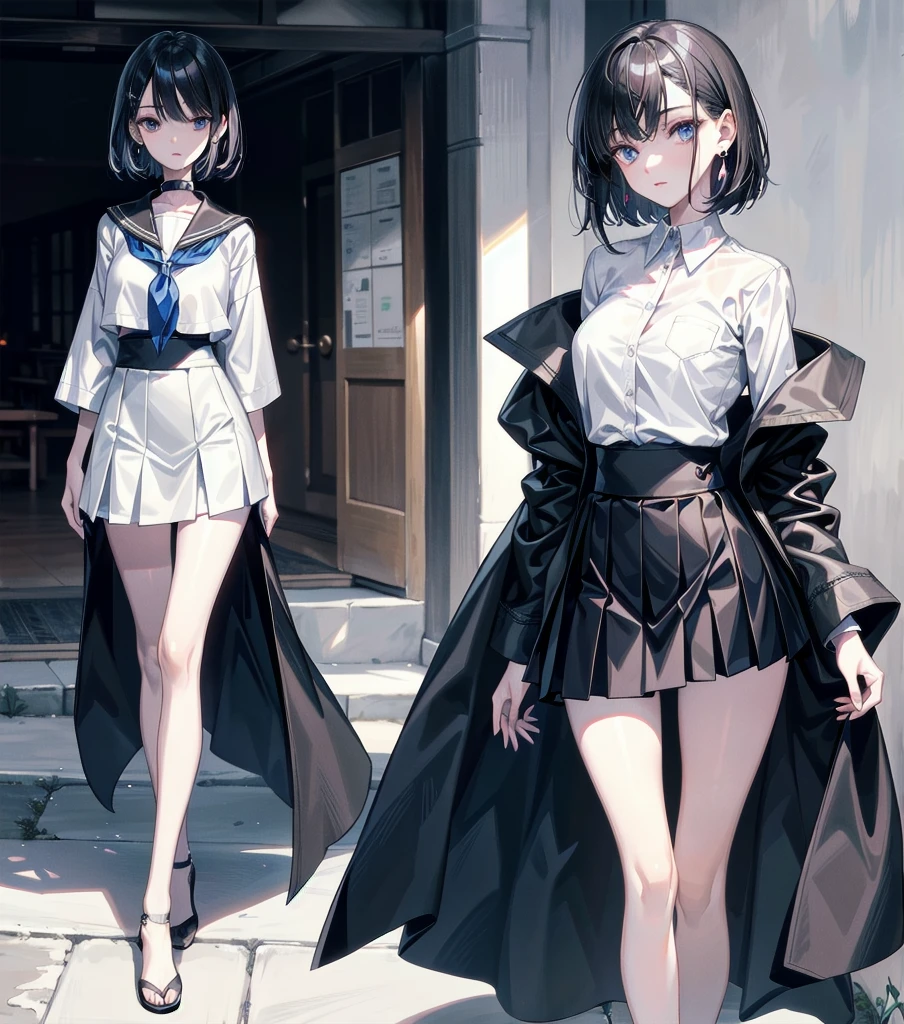 absurdres, RAW photo, extremely delicate and beautiful, masterpiece, Best Quality, ultra high resolution, 32k, hyperrealistic, ultra-detailed, perfect anatomy, super Detailed skin, perfect figure, Japanese woman, late 20s, very Slim body, narrow waist, very small head, handsome detailed woman, very detailed eyes and face, realistic face proportions, Stunning detailed eyes, Realistic beautiful face, very small face, Realistic small beautiful eyes, tearful mole, earring, beautiful and very thin legs, beautiful and very thin thighs, (very huge round breasts), medium hair, black hair, full body shot, ((school_uniform)),