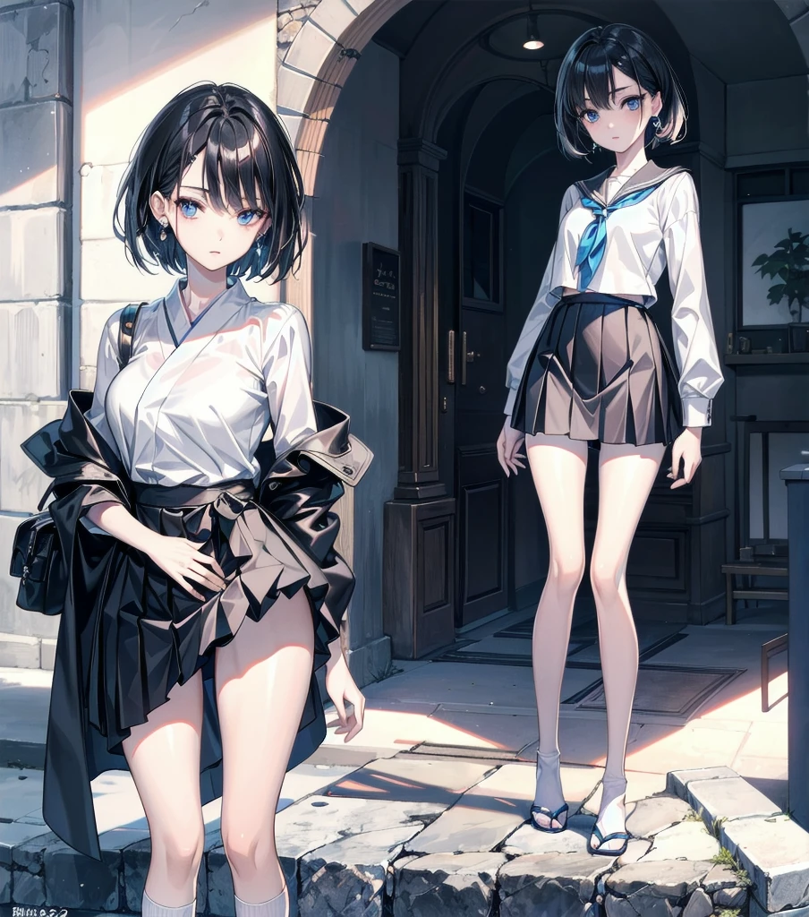 absurdres, RAW photo, extremely delicate and beautiful, masterpiece, Best Quality, ultra high resolution, 32k, hyperrealistic, ultra-detailed, perfect anatomy, super Detailed skin, perfect figure, Japanese woman, late 20s, very Slim body, narrow waist, very small head, handsome detailed woman, very detailed eyes and face, realistic face proportions, Stunning detailed eyes, Realistic beautiful face, very small face, Realistic small beautiful eyes, tearful mole, earring, beautiful and very thin legs, beautiful and very thin thighs, (very huge round breasts), medium hair, black hair, full body shot, ((school_uniform)),