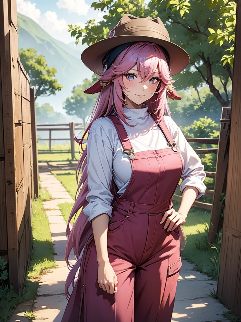 Yae miko, 1woman, as a farm woman, wearing farm outfit with overalls and hat, at a farm, pink colour hair, 8k, high detailed, high quality
