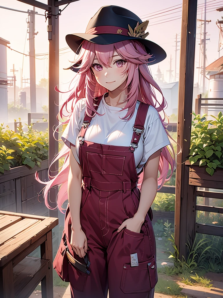 Yae miko, 1woman, as a farm woman, wearing farm outfit with overalls and hat, at a farm, pink colour hair, 8k, high detailed, high quality
