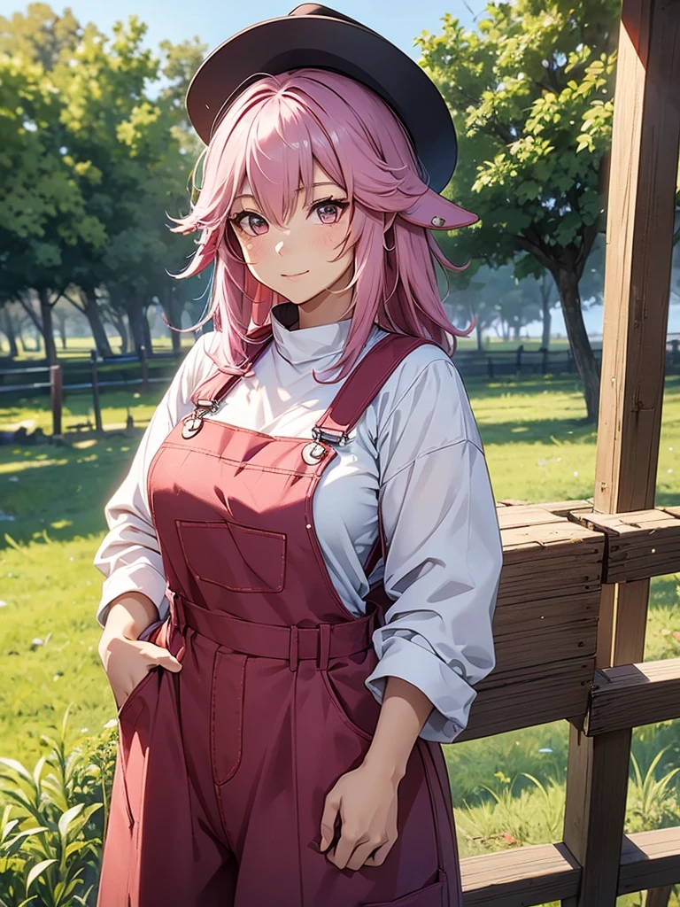 Yae miko, 1woman, as a farm woman, wearing farm outfit with overalls and hat, at a farm, pink colour hair, 8k, high detailed, high quality
