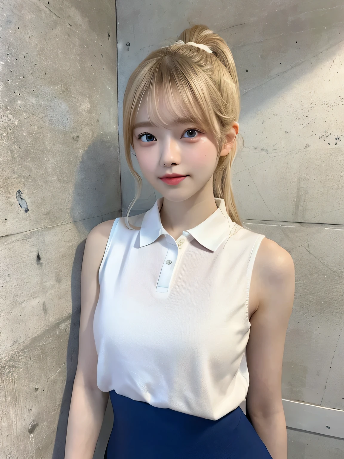 One person、、Full body photo,slender、woman、White drool coming out of the mouth、smile、、Blonde、Short Ponytail、 Fair skin, messy hair, super cute、Soft and Face、8K resolution、Surreal、Ultra high definition、 A-cup small breasts((Highest resolution、8K、masterpiece:1.3))、Ultra-fine face、Ultra Fine Lips、Beautiful Eyes、double eyelid,Light blue wall、Sleeveless red polo shirt、White Skirt、Thighs、thin,Thighsが見える、Shapely small breasts、sexy、So cute!