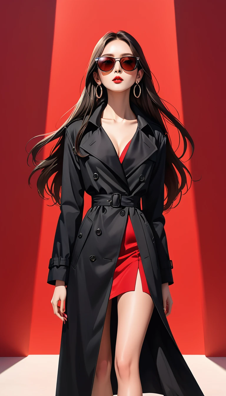 (masterpiece,high quality,8K).beautiful girl,Solitary,Skin details,Bright Eyes,Straight long hair,sunglasses,Exaggerated earrings,Unique,Staring at the audience),(Black deep V trench coat:1.37,Red bottoming dress,Long legs,dynamic)。Raise your hands above your head,Pull ring,Look up from the bottom up,Light and Shadow,Clean and simple red background