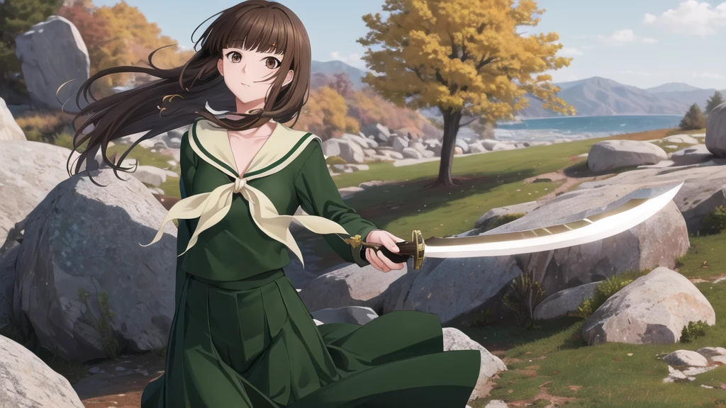 masterpiece, Highest quality, High resolution, aayoshino, Long Hair, Twin Blade, Brown eyes, Hair that falls over the shoulders, , Sailor collar, neckerchief, Green Shirt, One piece sailor shirt, Long sleeve, Green Skirt, Long skirt, Are standing, Cowboy Shot, Outdoor,