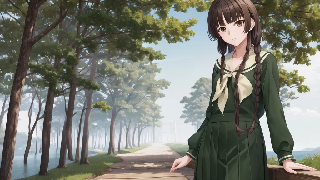 masterpiece, Highest quality, High resolution, aayoshino, Long Hair, Twin Blade, Brown eyes, Hair that falls over the shoulders, , Sailor collar, neckerchief, Green Shirt, One piece sailor shirt, Long sleeve, Green Skirt, Long skirt, Are standing, Cowboy Shot, Outdoor,