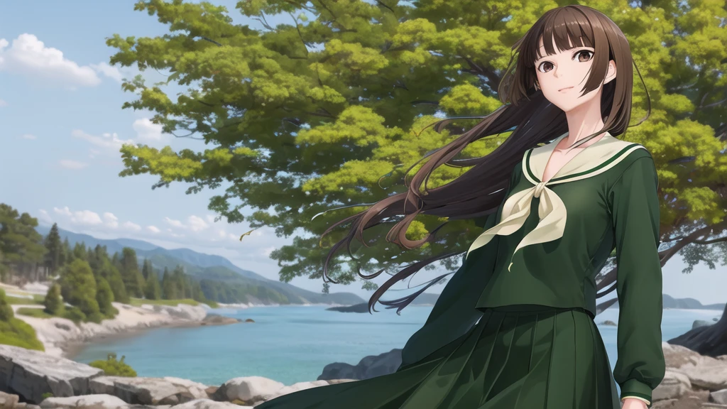 masterpiece, Highest quality, High resolution, aayoshino, Long Hair, Twin Blade, Brown eyes, Hair that falls over the shoulders, , Sailor collar, neckerchief, Green Shirt, One piece sailor shirt, Long sleeve, Green Skirt, Long skirt, Are standing, Cowboy Shot, Outdoor,