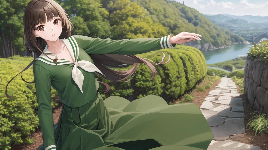 masterpiece, Highest quality, High resolution, aayoshino, Long Hair, Twin Blade, Brown eyes, Hair that falls over the shoulders, , Sailor collar, neckerchief, Green Shirt, One piece sailor shirt, Long sleeve, Green Skirt, Long skirt, Are standing, Cowboy Shot, Outdoor,