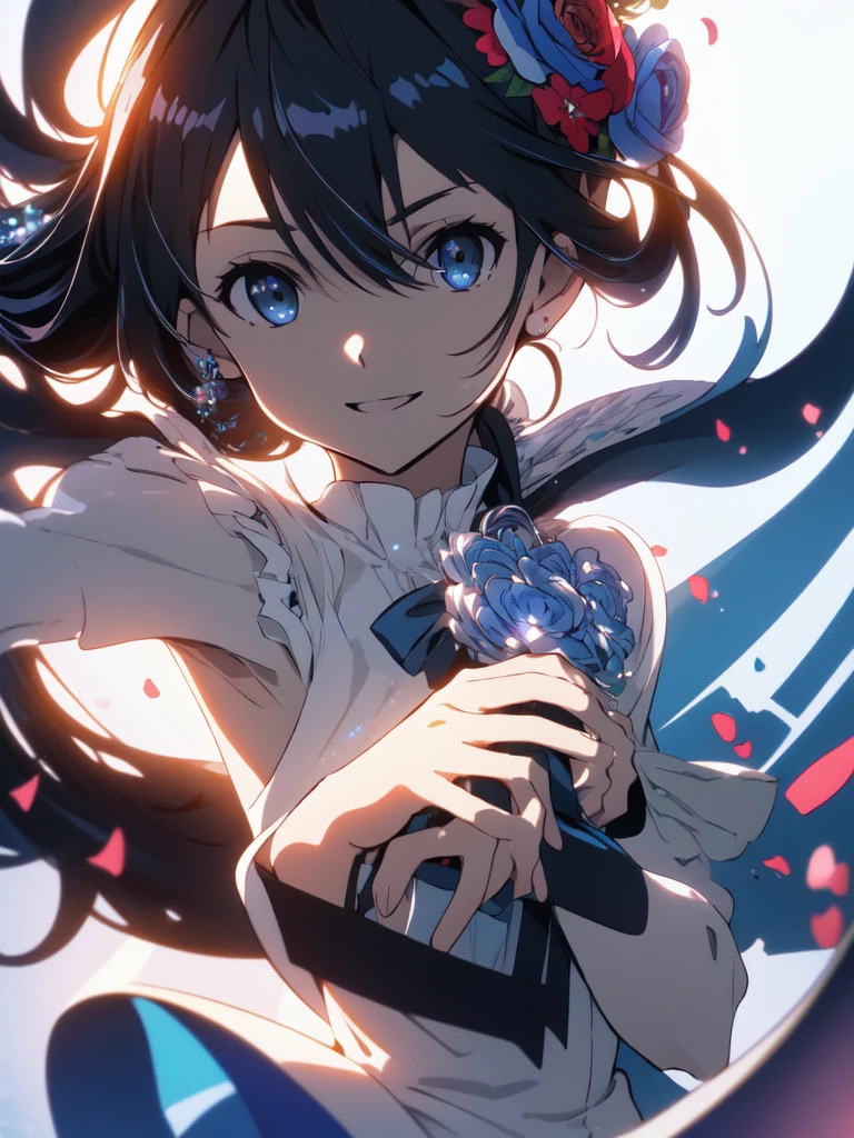 1girl、Star Fairy、Giant peace sign、(((Highest quality、Masterpiece、Official Art、The best dynamic composition、Super detailed、Anime Style)))、The fairy's wings are small and cute with a strong sense of transparency and pastel colors.、Star Stick、Milky white and navy blue gradation hair color、peace、A picture facing the viewer、He holds his hand out in front of him in a giant peace sign towards the viewers.、The background is simple green、